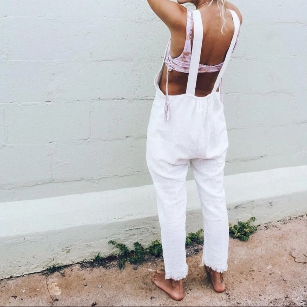 9seed Latigo Cropped White Linen Overalls Onesie Jumpsuit - Picture 1 of 4